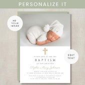 Modern Sage Green Religious Cross Photo Baptism Kaart