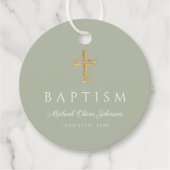Modern Sage Green Religious Cross Script Baptism  Bedankjes Labels (Voorkant)