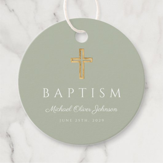 Modern Sage Green Religious Cross Script Baptism  Bedankjes Labels (Voorkant)
