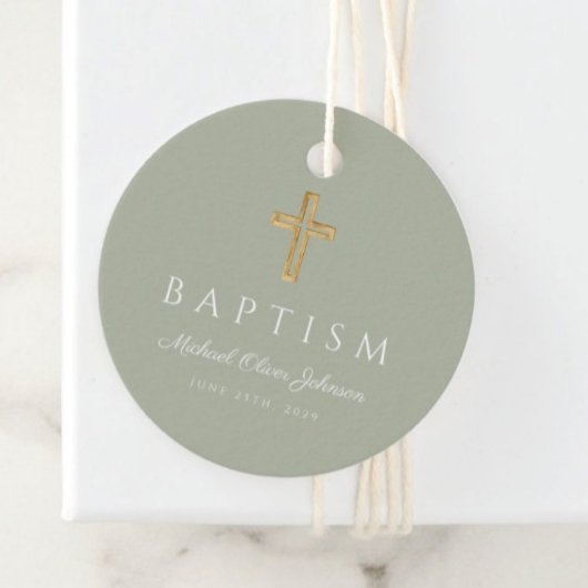Modern Sage Green Religious Cross Script Baptism  Bedankjes Labels
