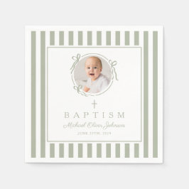 Modern Sage Green Religius Photo Boy Baptism Servet