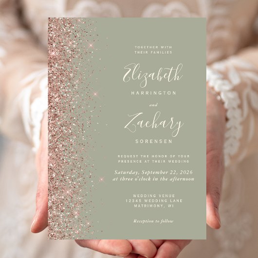 Modern Sage Green Roos Gold Glitter Edge Wedding Kaart