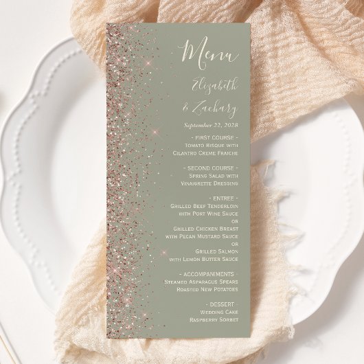Modern Sage Green Roos Gold Glitter Edge Wedding Menu