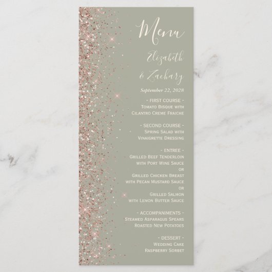 Modern Sage Green Roos Gold Glitter Edge Wedding Menu (Voorkant)
