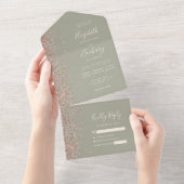 Modern Sage Green Roos Gold Glitter Wedding All In One Uitnodiging (Afscheurbaar)