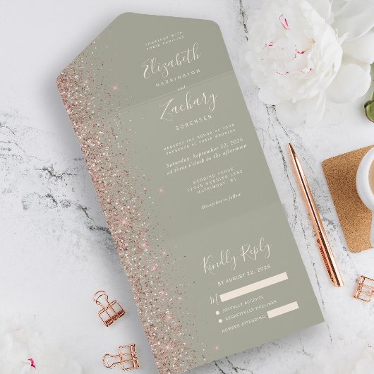 Modern Sage Green Roos Gold Glitter Wedding All In One Uitnodiging