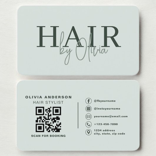 Modern Sage Green Salon Hairstylist QR Code Visitekaartje