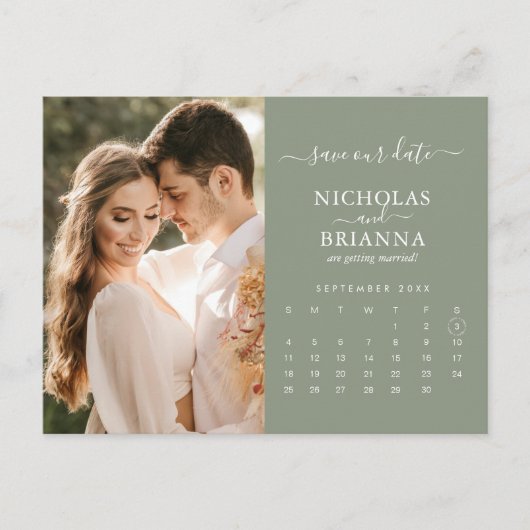 Modern Sage Green Save the Date Photo Calendar Briefkaart (Voorkant)
