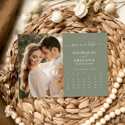 Modern Sage Green Save the Date Photo Calendar Briefkaart