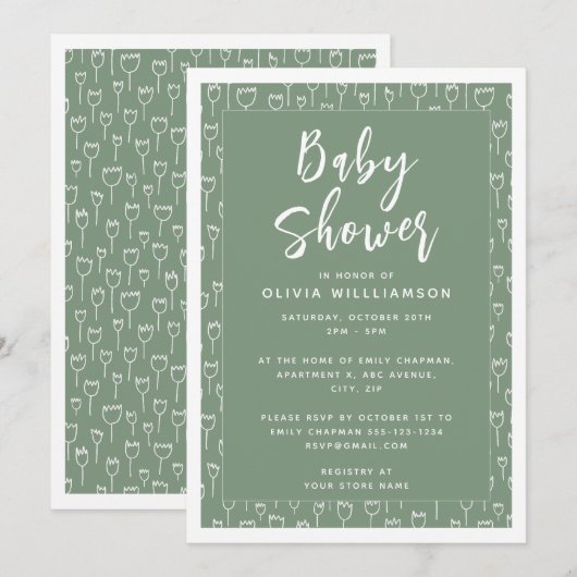 Modern Sage Green Script Baby shower Kaart (Voorkant / Achterkant)