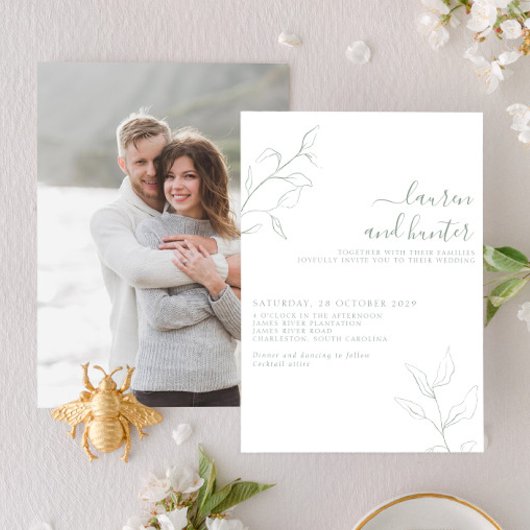 Modern Sage Green Script Botanical Photo Wedding Kaart