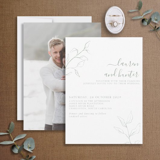 Modern Sage Green Script Botanical Photo Wedding Kaart
