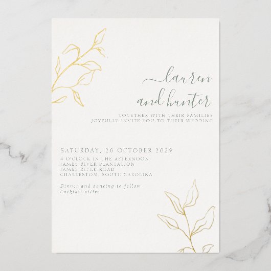Modern Sage Green Script Botanical Wedding Gold Folie Uitnodiging (Voorkant)