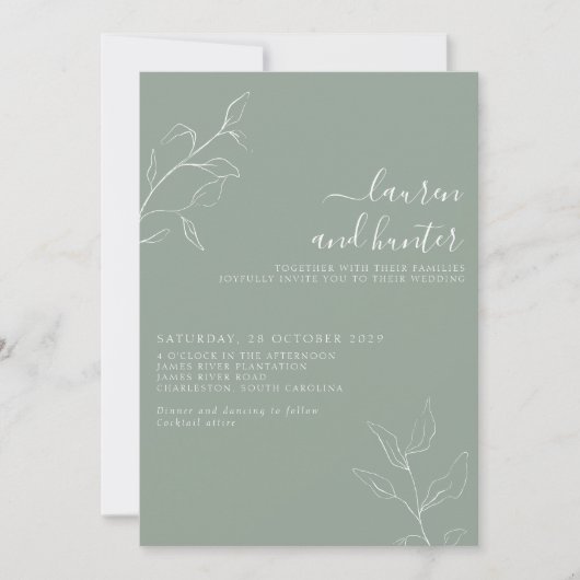 Modern Sage Green Script Botanical Wedding Invitat Kaart (Voorkant)