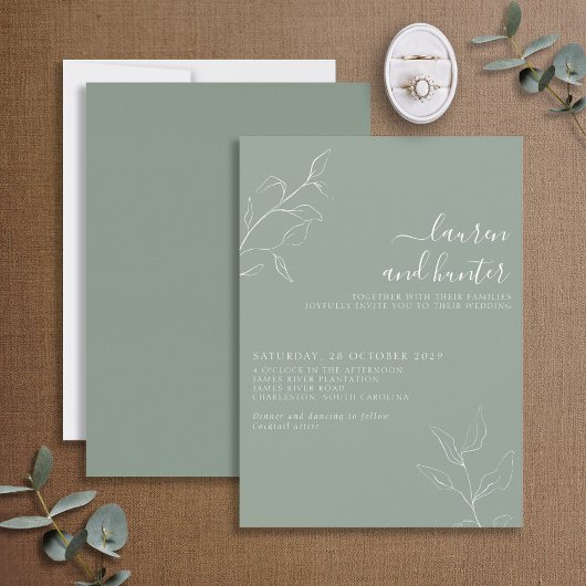 Modern Sage Green Script Botanical Wedding Invitat Kaart