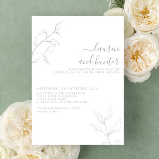 Modern Sage Green Script Botanical Wedding Kaart