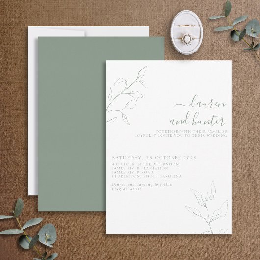 Modern Sage Green Script Botanical Wedding Kaart
