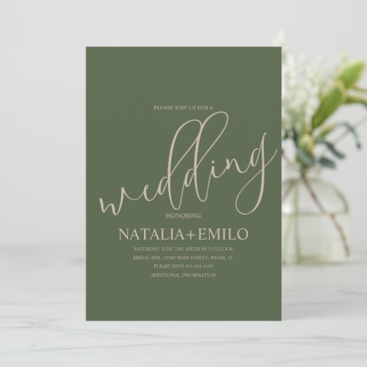 Modern Sage Green Script Cream Minimal Wedding Kaart (Staand voorkant)