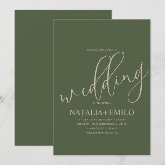 Modern Sage Green Script Cream Minimal Wedding Kaart (Voorkant / Achterkant)
