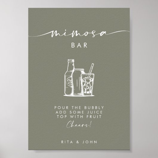 Modern Sage Green Script Mimosa Bar Trouwbord Poster (Voorkant)
