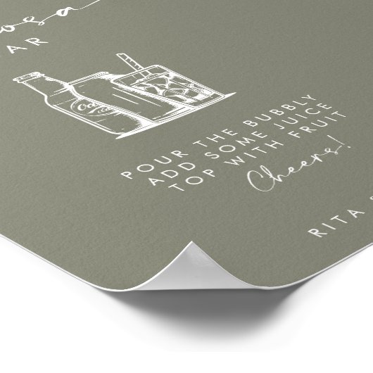 Modern Sage Green Script Mimosa Bar Trouwbord Poster (Hoek)