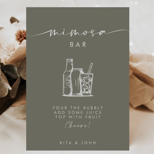 Modern Sage Green Script Mimosa Bar Trouwbord Poster