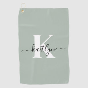 Modern Sage Green Script Monogram Golfhanddoek