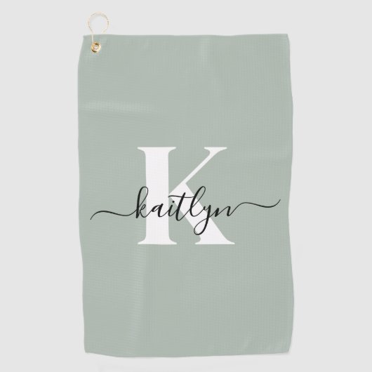 Modern Sage Green Script Monogram Golfhanddoek (Voorkant)