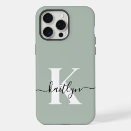 Modern Sage Green Script Monogram iPhone 15 Pro Max Case