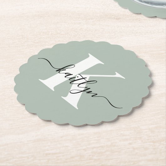 Modern Sage Green Script Monogram Kartonnen Onderzetters (Gekanteld)