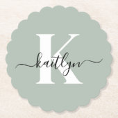 Modern Sage Green Script Monogram Kartonnen Onderzetters (Voorkant)
