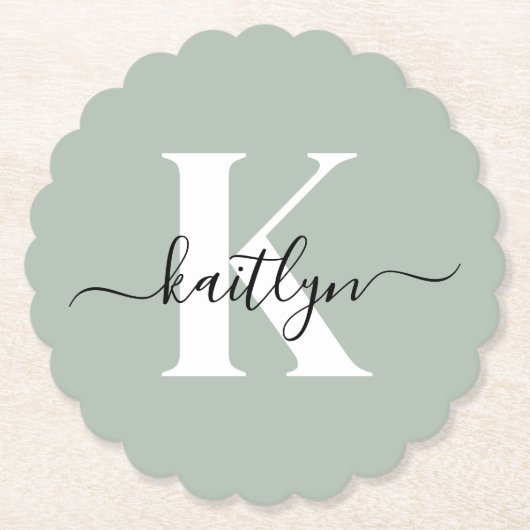 Modern Sage Green Script Monogram Kartonnen Onderzetters (Voorkant)