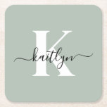 Modern Sage Green Script Monogram Kartonnen Onderzetters<br><div class="desc">Deze eenvoudige, elegante salie groene vierkante papieren onderzetters met je voornaam in een trendy schrift lettertype in zwart en je eerste initiaal in een modern petten lettertype in wit zijn ideaal om je tafels en tellers vrij te houden van waterringen. Ze absorberen druppels, zodat u zich geen zorgen hoeft te...</div>
