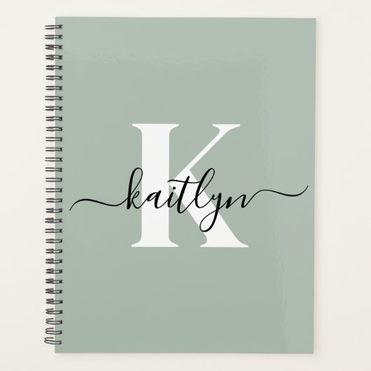Modern Sage Green Script Monogram Planner (Voorkant)