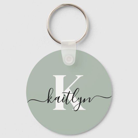 Modern Sage Green Script Monogram Sleutelhanger (Achterkant)