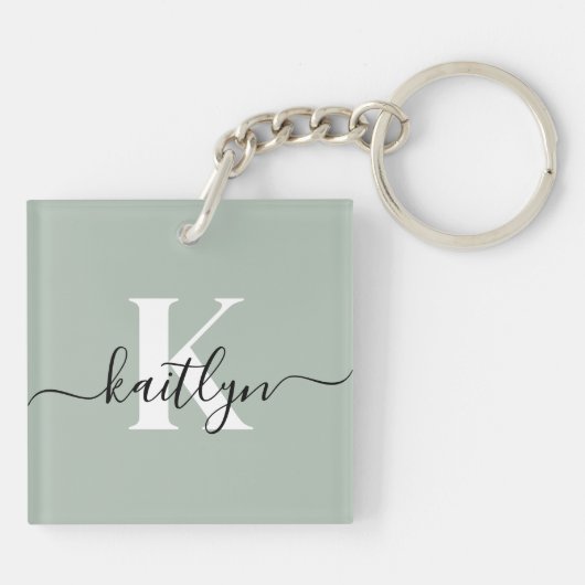 Modern Sage Green Script Monogram Sleutelhanger (Achterkant)