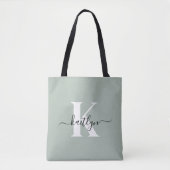 Modern Sage Green Script Monogram Tote Bag (Voorkant)