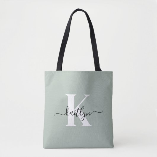 Modern Sage Green Script Monogram Tote Bag (Voorkant)