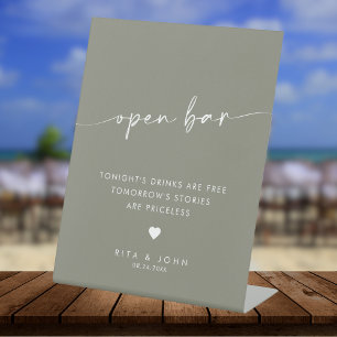 Modern Sage Green Script Open Bar Trouwbord Reclamebord Met Voetstuk