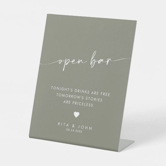Modern Sage Green Script Open Bar Trouwbord Reclamebord Met Voetstuk (Voorkant)