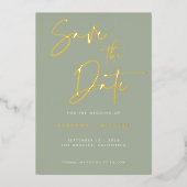 Modern Sage Green Script Weddenschap Save the Date Folie Uitnodiging (Voorkant)