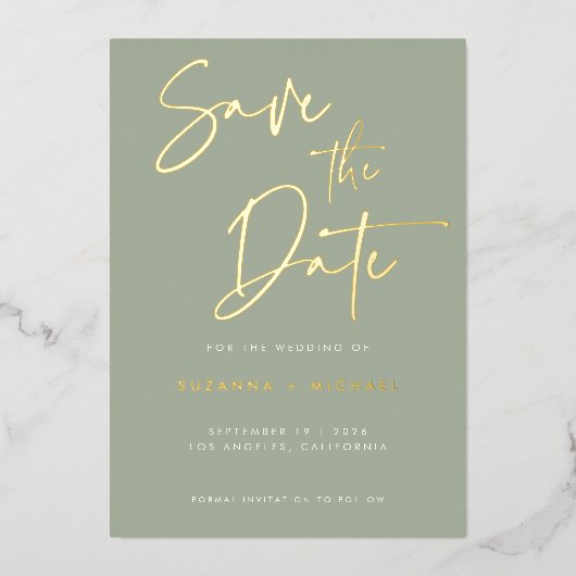 Modern Sage Green Script Weddenschap Save the Date Folie Uitnodiging (Voorkant)