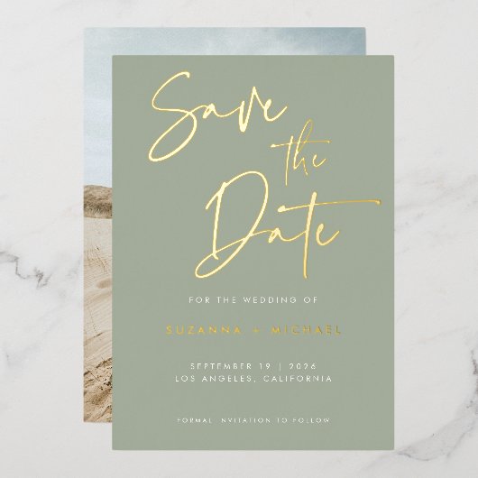 Modern Sage Green Script Weddenschap Save the Date Folie Uitnodiging (Voorkant / Achterkant)