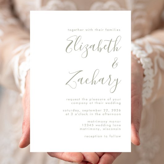 Modern Sage Green Script Wedding Kaart
