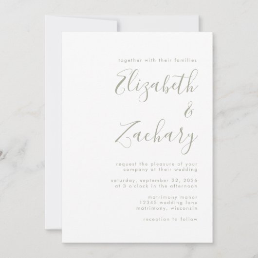 Modern Sage Green Script Wedding Kaart (Voorkant)