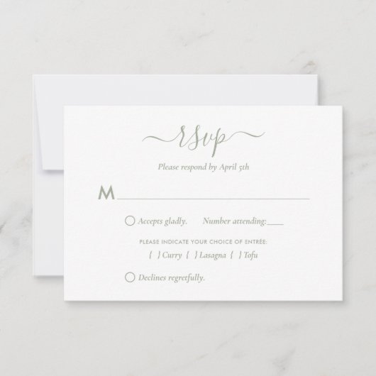 Modern Sage Green Script Wedding RSVP Kaarten (Voorkant)