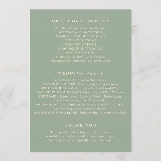 Modern Sage Green Simple Wedding Programmakaart (Achterkant)