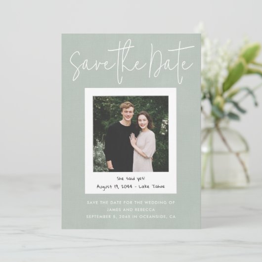 Modern Sage Green Snapshot Photo Save the Date Kaart (Staand voorkant)