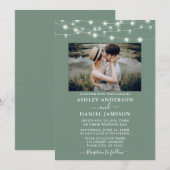 Modern Sage Green String Lights Photo Wedding Kaart (Voorkant / Achterkant)