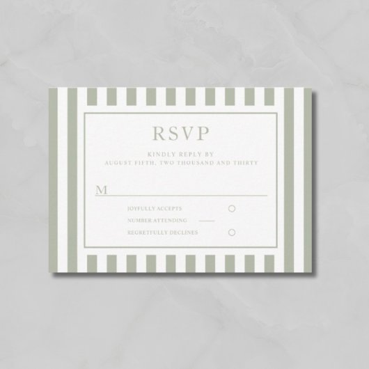 Modern Sage Green Stripes Wedding RSVP Kaartje